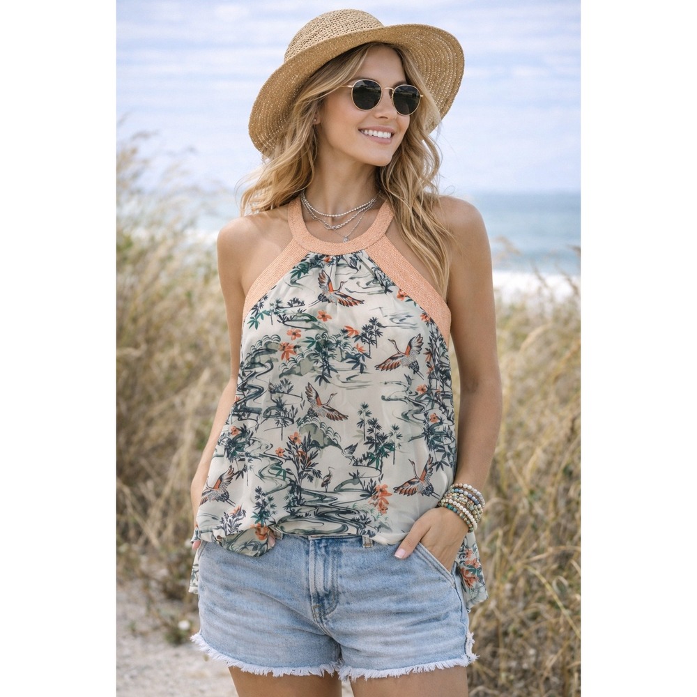HM Crane Print‎ Halter Top Womens Size 8 Peach Trim Scenic Japanese Style Tank